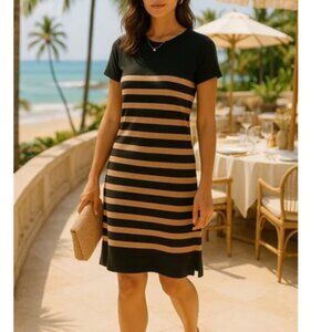 J Crew T Shirt Cotton Midi Dress Large Black Stripe Crew Neck ALine Relaxed